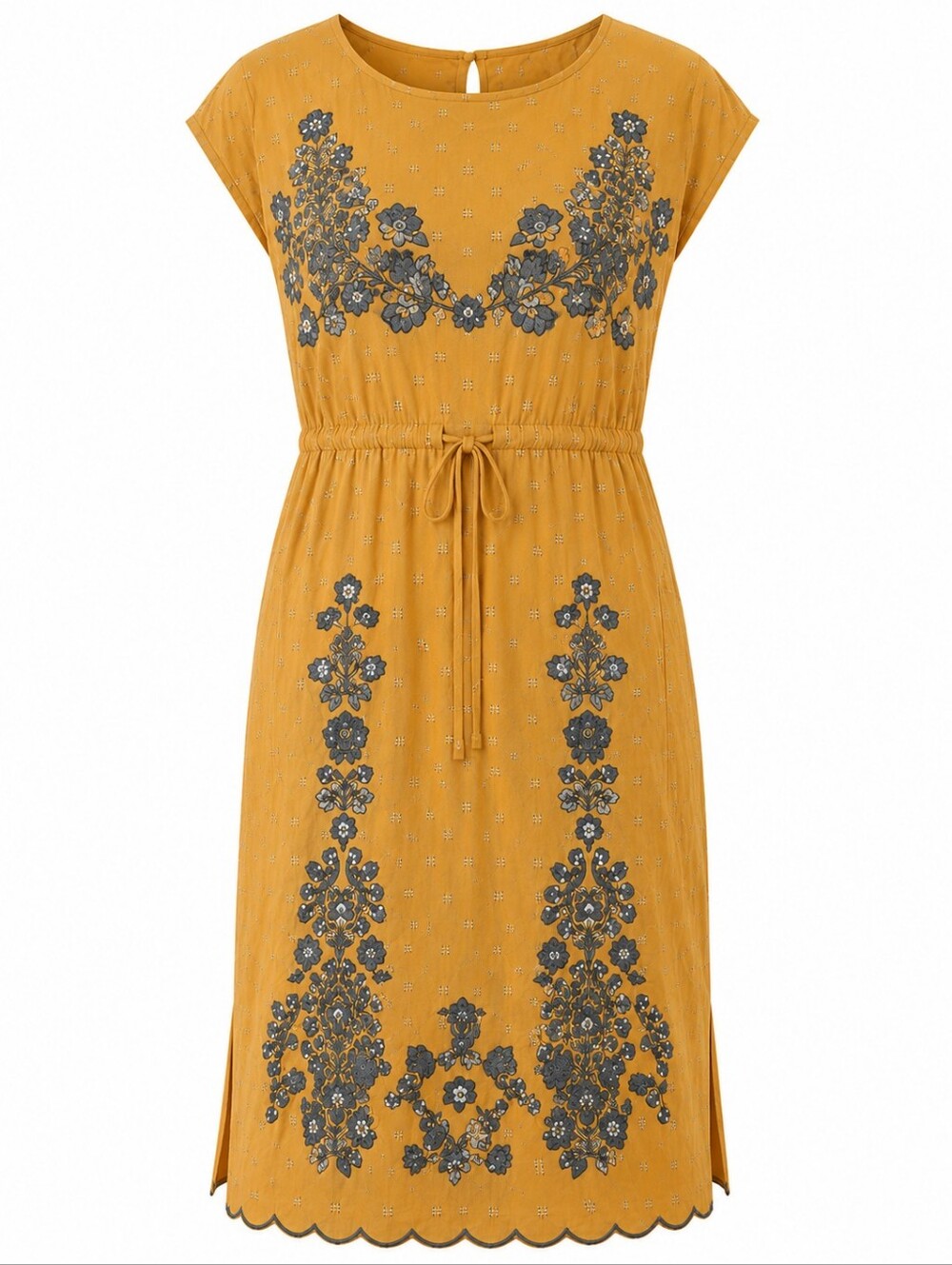 SUNDANCE | Mustard Grey Embroidered Sequin Lined Boho Scalloped Pocket Dress | L